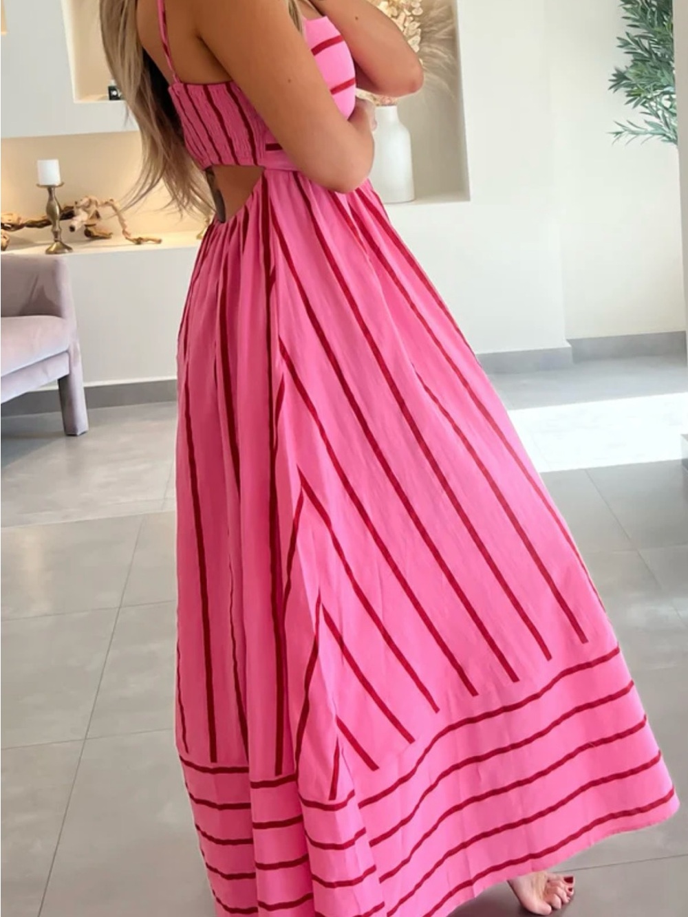 Pink Striped Summer Maxi Dress - Sleeveless Cutout